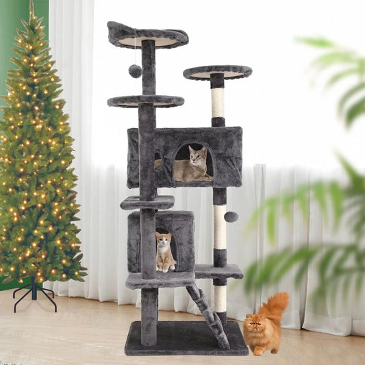 54-In Double Condo Cat Tree Tower Playhouse with Scratching Post & Perch for Indoor, Pink
